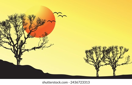 Silhouette of a tree at sunset, vector art illustration.