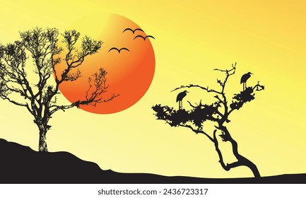 Silhouette eines Baumes bei Sonnenuntergang, Vektor-Kunst-Illustration.