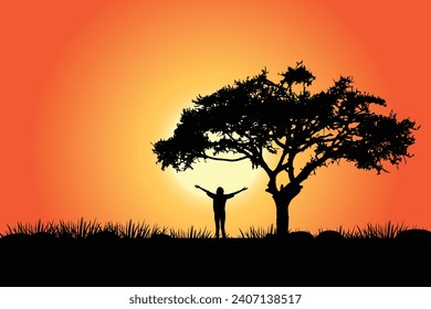 Silhouette of a tree in the sunset with a woman raising her arms to the golden sunset Freedom, success, and hope concept. vector art.