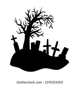 Silhouette of a tree and tombstones. Vector illustration of Halloween, design element.