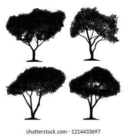 silhouette tree vector set and isolated black forest collection on white background