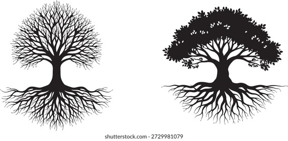 Silueta de un árbol con raíces y ramas visibles en transición de follaje desnudo a exuberante, que simboliza el cambio estacional y el ciclo de la naturaleza, en un diseño simple y minimalista sobre un fondo blanco.