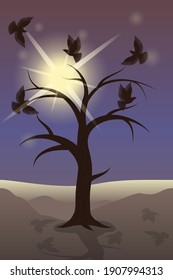 silhouette of a tree without foliage and several black birds on the background of the sun