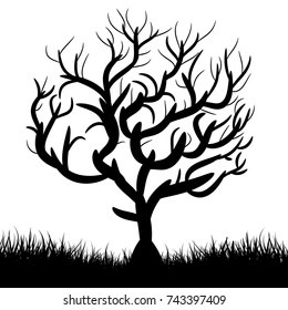 Silhouette of a tree without leaves (autumn, winter), cartoon on a white background, vector