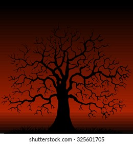 Silhouette of  tree without leaves at red background, winter oak, hand drawn vector illustration