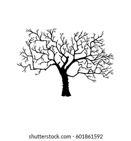  Silhouette Tree without Leaves Vector Illustration Sketched. A symbol, a tattoo. Decorative printing for clothes, covers. Label or postcard. Monochrome image, Ink drawing.