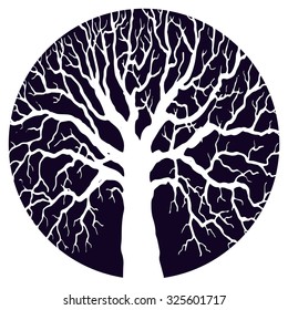Silhouette of  tree without leaves, winter oak, hand drawn vector illustration
