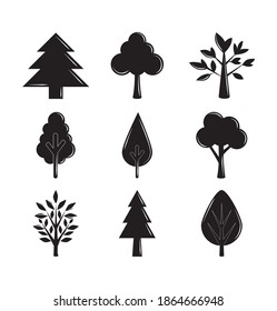 árboles de silueta rama naturaleza ecología conjunto iconos vectores ilustración