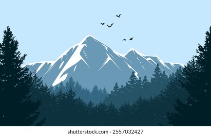 silhouette trees forest and mountain background. Hand drawn isolated illustrations. Nature for winter season.