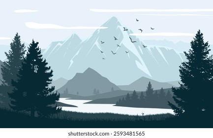 silhouette trees forest and mountain landscape background. Hand drawn isolated illustrations. Nature for winter season.