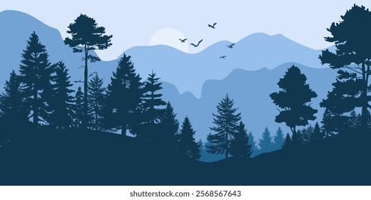 Silhouette of a trees forest and mountain. natural isolated on blue background.