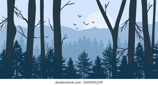 Silhouette of a trees forest and mountain. natural isolated on blue background.