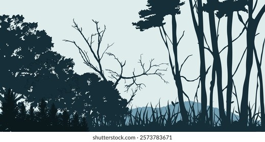 Silhouette of a trees forest and mountain. natural isolated on blue background.
