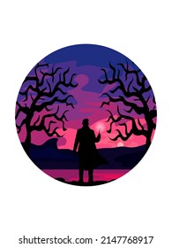 Silhouette von Bäumen und ein Mann mit einem Zauberstab vor dem Hintergrund einer Landschaft mit einem See, Berge und Sonnenuntergang.