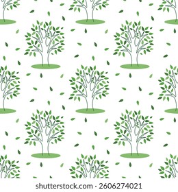 Silhouette of trees natural eco print. Seamless pattern trees with green leaves. Deciduous forest background. Vector graphics