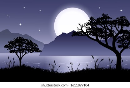 Silhouette of trees at riverside with full moon and starry sky