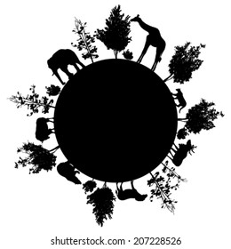 Silhouette of  trees and wild animals walking around the world
