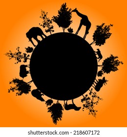 Silhouette of trees and wild animals walking around the world
