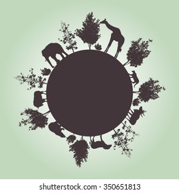 Silhouette of trees and wild animals walking around the world