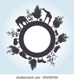 Silhouette of trees and wild animals walking around the world with place for text