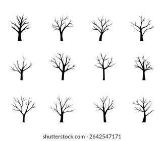 Silhouette trees in winter season. Black trees on white background design.