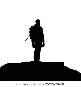 A silhouette of a trekker standing on a rock vector. Embodying the spirit of adventure, resilience, exploration, strength, achievement, challenge, and success.