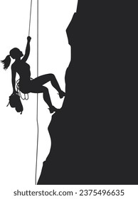 silhouette of a trekking girl climbing mountain with a rope vector