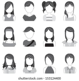 Silhouette of trendy women teen girl female hairstyle and hair cut makeup and fashion clothes icon collection set 2, create by vector 