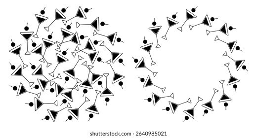Silhouette Triangular Martini glasses with cherry berry Circular Backdrop Frame Copy space Template