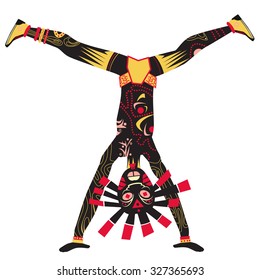 Silhouette Of Tribal Man Standing On His Hands. Acrobatics. African Ritual Dance