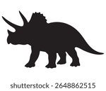 Silhouette of triceratops dinosaur, black outline on white background, graphic illustration. concept of prehistoric creature, extinct animal, icon, design element.