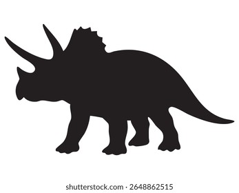 Silhouette of triceratops dinosaur, black outline on white background, graphic illustration. concept of prehistoric creature, extinct animal, icon, design element.