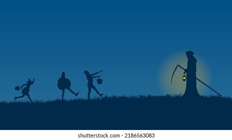 Silhouette  Trick or Treat parade to face Grim Reaper on blue field background, Halloween concept illustration vector. 