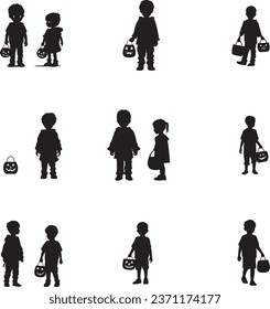 Silhouette of Trick or Treating Children in Halloween. Kid with a Pumpkin Candy Bucket Wishes Happy Halloween