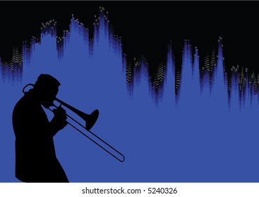 Silhouette of a trombone player with soundwave graphic in the background.