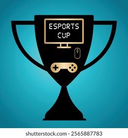 Silhouette of a trophy with a golden gaming joystick, a mouse and a computer screen with the text esports cup