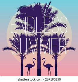 Silhouette tropic birds flamingos and a banana palm tree in the background paradise sunset vacation sea beach. The artwork in trendy style of the mirror. slogan endless summer. Vector sun illustration