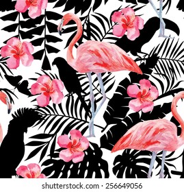 Silhouette tropic exotic animals birds parrot in the jungle plant wallpaper. Seamless floral vector pattern from the composition of trendy pink flamingo and hibiscus flower hand drawn watercolor art