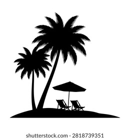 Silhouette of a tropical beach with palm trees, lounge chairs, and an umbrella, evoking relaxation and vacation vibes on a sunny day.