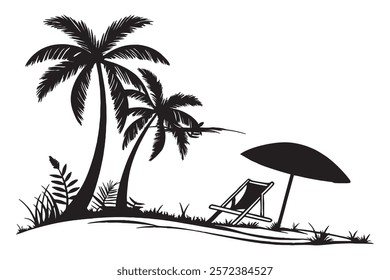 Silhouette of tropical beach scene with palm trees and beach chair