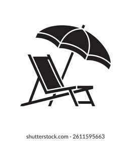 Silhouette of Tropical Beach scene with umbrella and chair on white background, perfect for summer relaxation