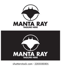 Silhouette Of Tropical Black Manta Ray Fish Sea Life Logo Design