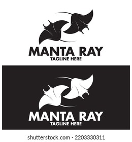 Silhouette Of Tropical Black Manta Ray Fish Sea Life Logo Design