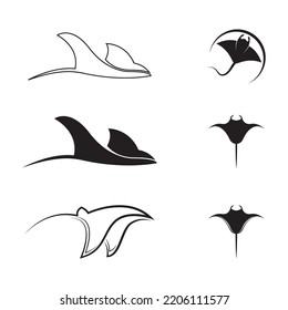 Silhouette Of Tropical Black Manta Ray Fish Sea Life Logo Design