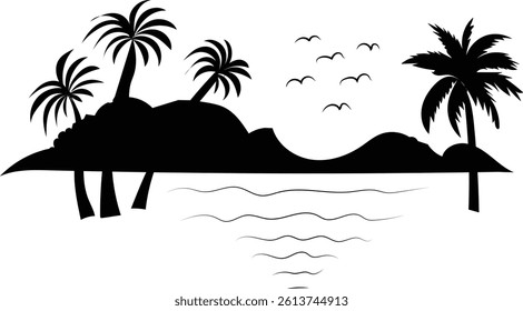 Silhouette of a tropical island with palm trees, birds flying overhead, and calm ocean waves. Simple, elegant design, perfect for travel or vacation themes.