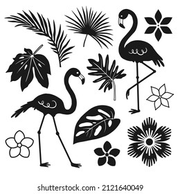 Silhouette of tropical leaves and flamingos. Set of elements for design. Vector illustration.