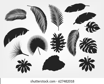 Silhouette tropical leaves set isolated, suitable for nature concept, summer and holiday. Vector illustration