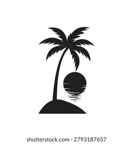 Silhouette of a tropical palm tree on a small island with the sun setting over the ocean water