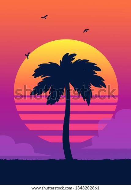 グラデーションの夕日の背景に熱帯のヤシの木のシルエット ビンテージ夏のポスター 熱帯の夏のベクターイラスト のベクター画像素材 ロイヤリティフリー