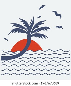 The silhouette of tropical palm trees against the background of the sun and ocean waves. Vector illustration on the theme of summer holidays.